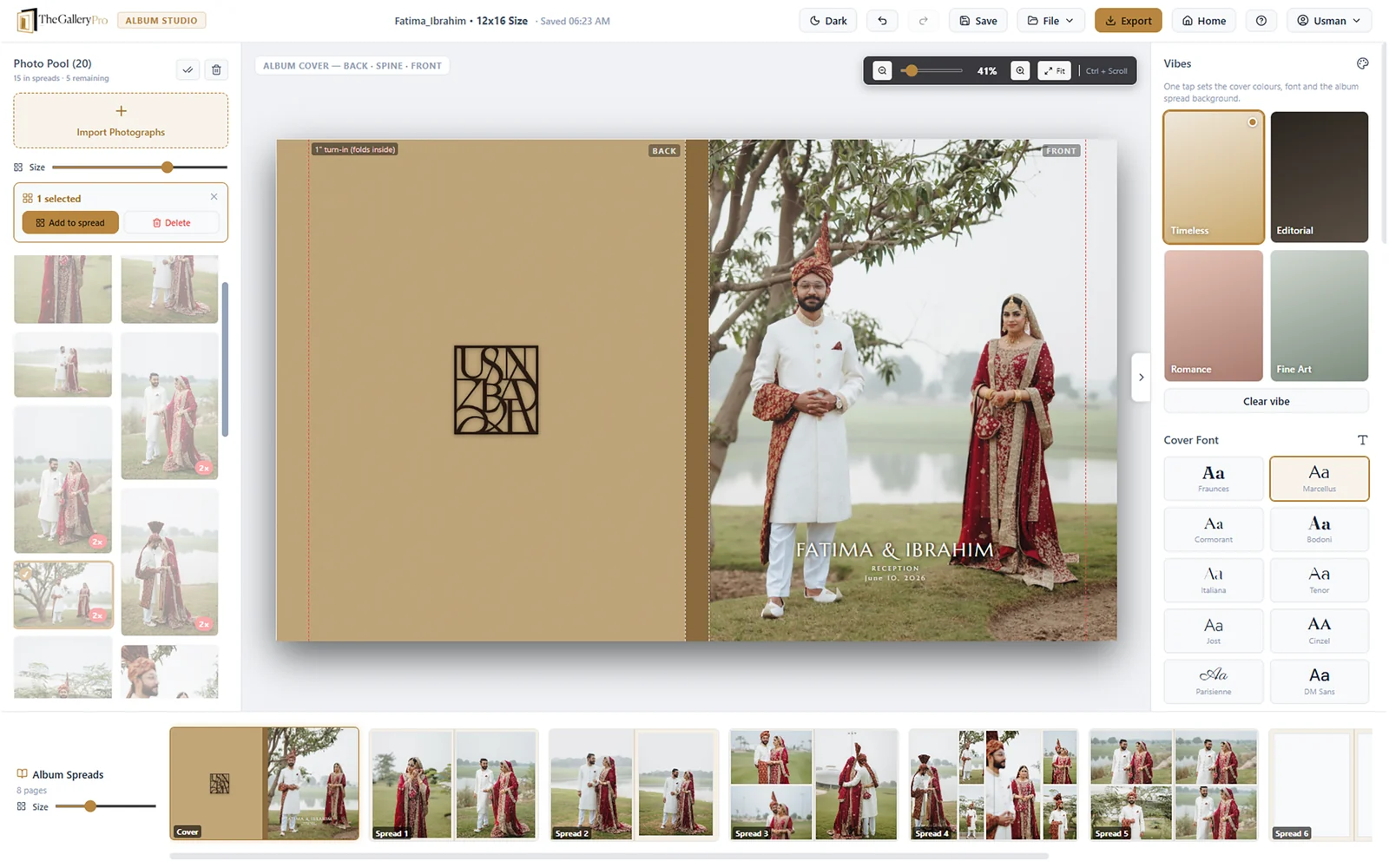 TheGalleryPro Album Studio designing a full wedding album cover and spreads
