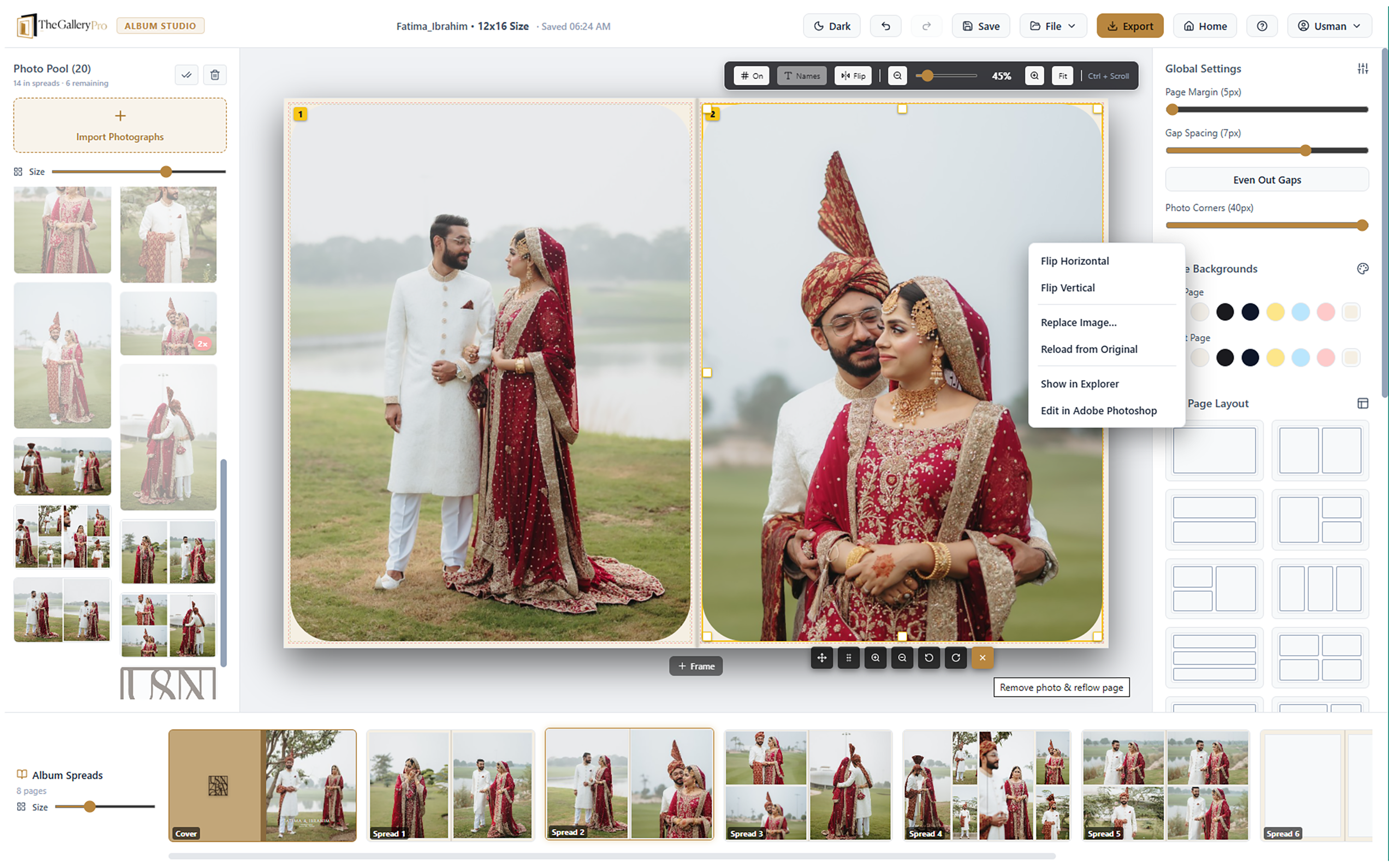Album Designer photo toolbar and edit menu for a selected image