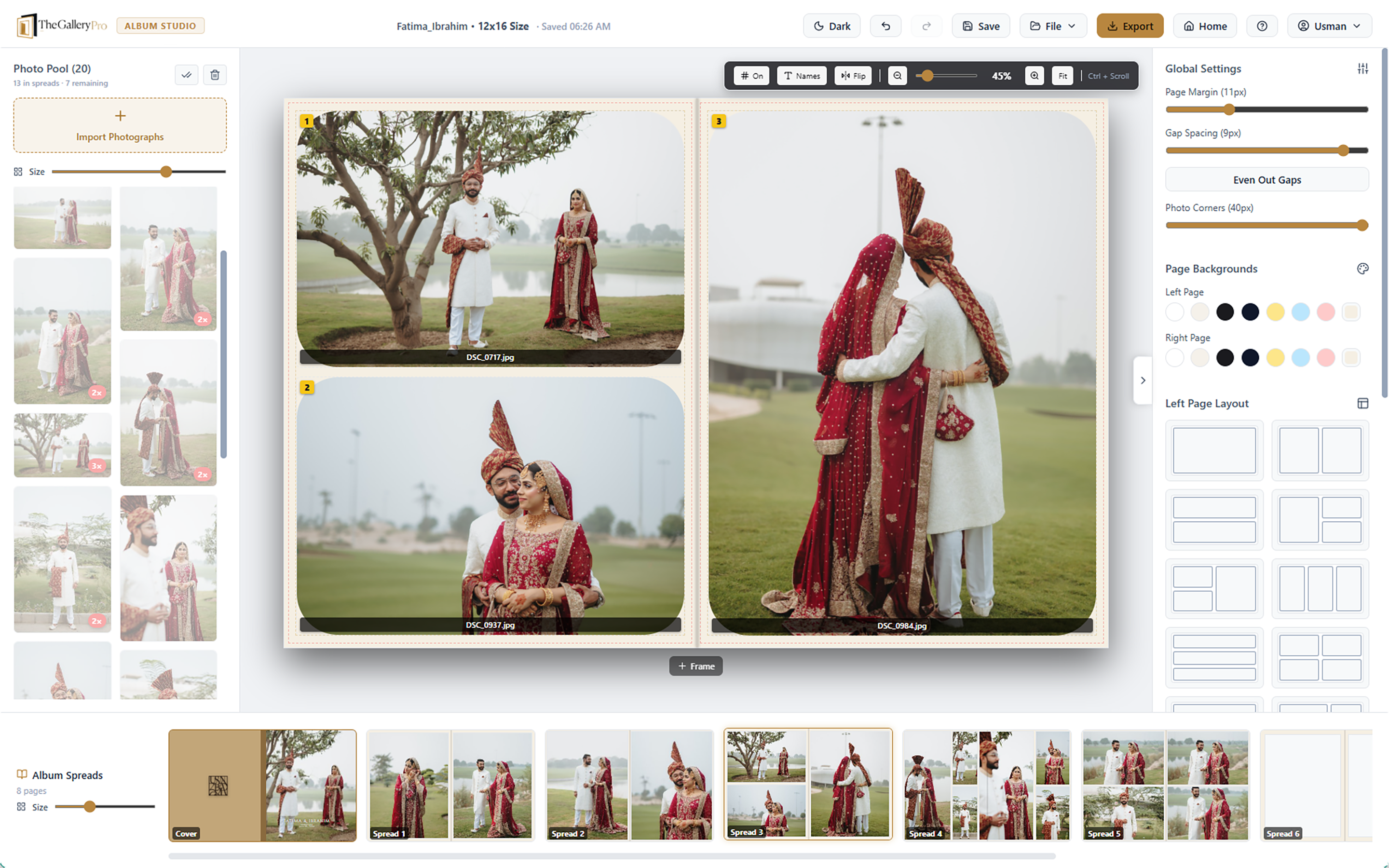 Album Designer global settings with margins, spacing, backgrounds, and page layouts