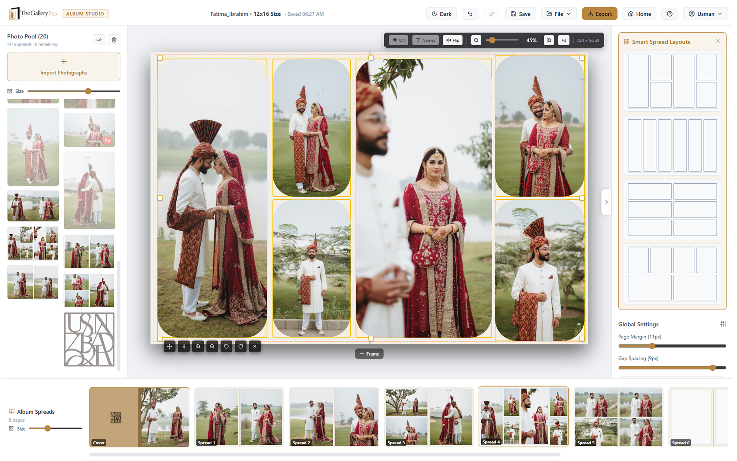 Album Designer light workspace with portrait and landscape photos in a smart layout