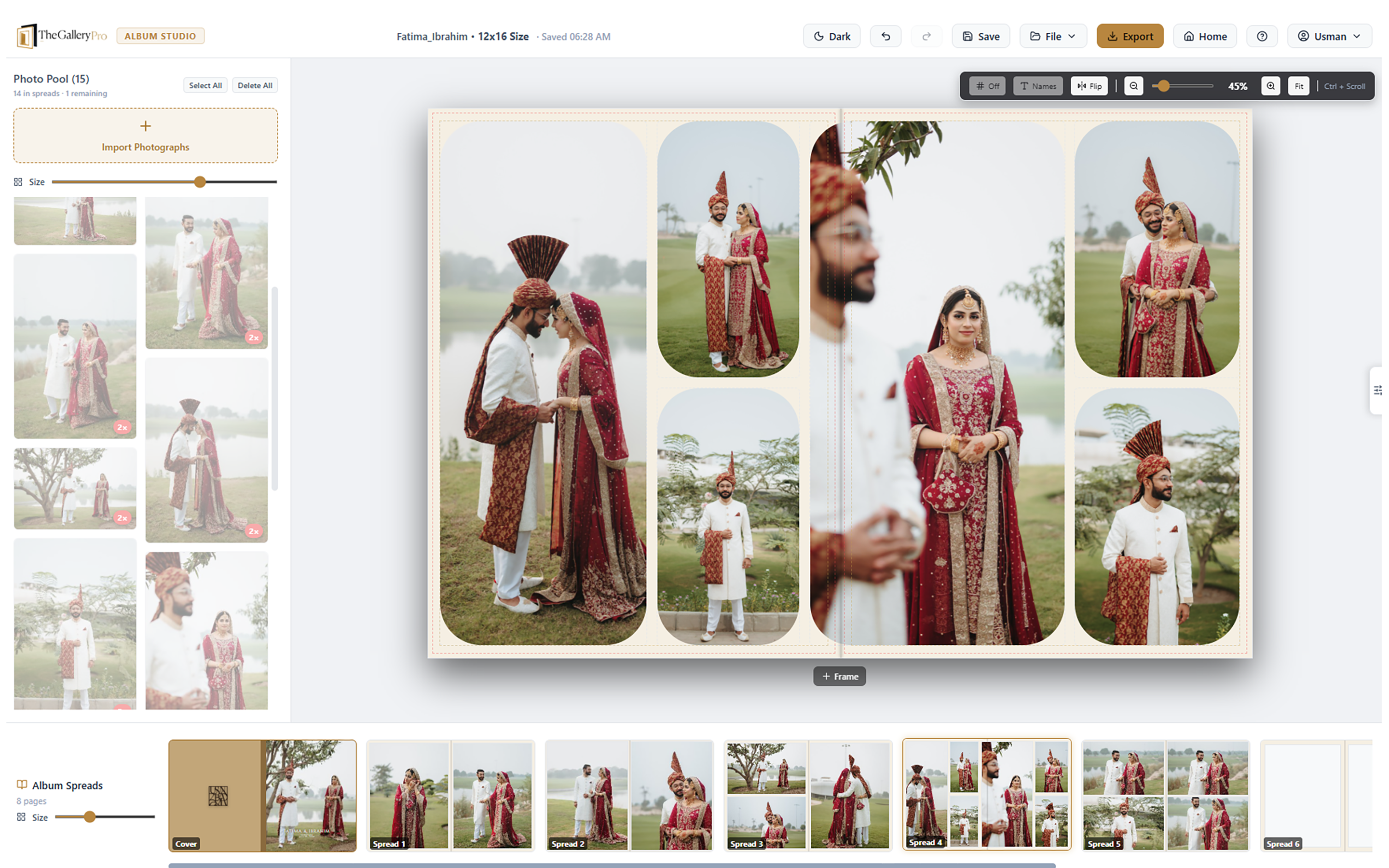 TheGalleryPro Album Designer showing a full wedding album spread with photo pool and page thumbnails